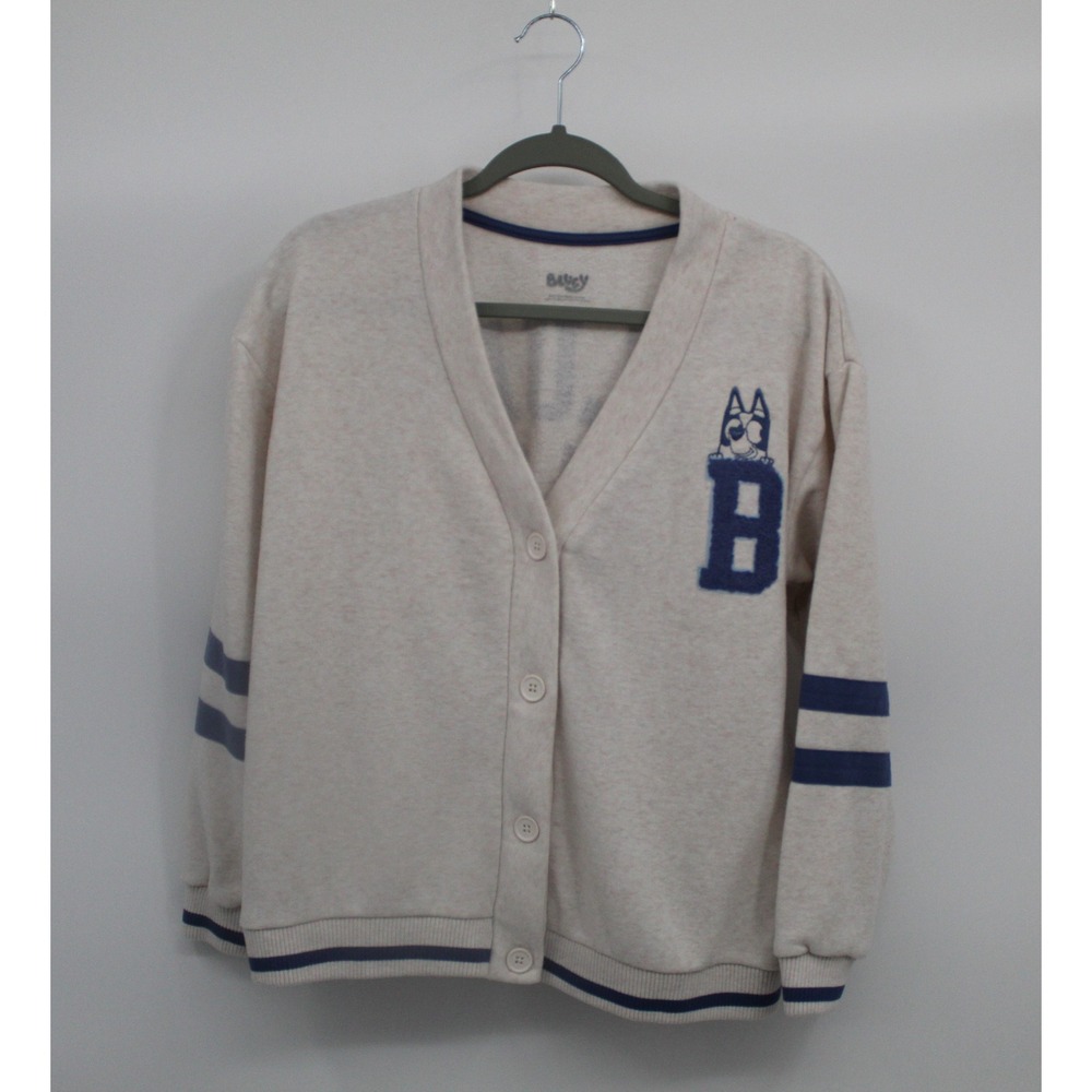 Bluey Varsity Cardigan Sweatshirt Cream Blue Chenille Patch Girl's XL 14/16